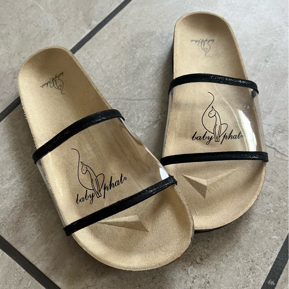 Women’s Baby Phat Transparent Strap Sandals in Black and Tan NWOT